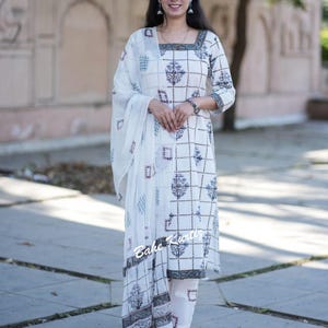 Hand Block Cotton Kurti Set, Checkered Floral Print, Salwar Kameez image 1