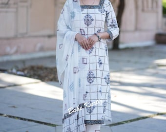 Hand Block Cotton Kurti Set, Checkered Floral Print, Salwar Kameez