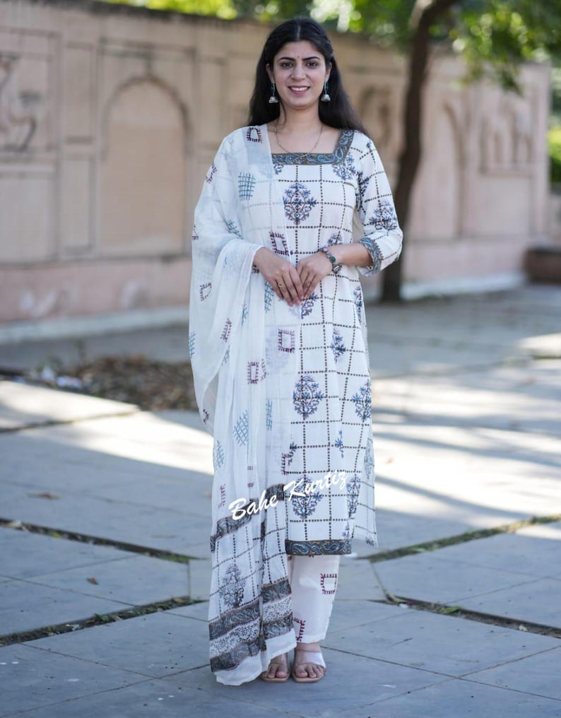 Hand Block Cotton Kurti Set, Checkered Floral Print, Salwar Kameez image 1