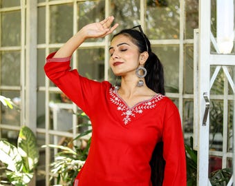 Yellow Embroidered Cotton Tunic Top For Women | Casual Indian Ethnic Top | Boho Summer Blouse