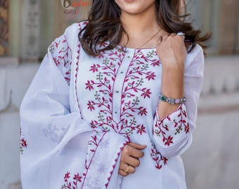 Floral Embroidered Kota Doria Kurti Pant With Dupatta Set| Salwar Kameez Suits For Women