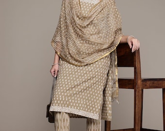 Pure Cotton Hand Block Print Kurta Pant Dupatta Set, Ethnic Salwar Kameez For Women's