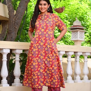 Cotton Flower Print Kurta Pant Set: Red Salwar Kameez for Women