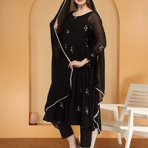 Women hand embroidered work dresses, Heavy Georgette fabric anarkali kurti with pant and dupatta set, Anarkali suits, Dresses for women,
