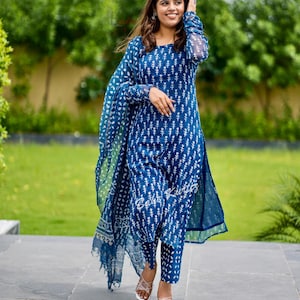 Indigo Printed Cotton Kurta Set: Long Kurti, Pant & Dupatta