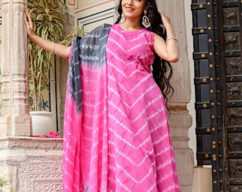 Cotton Handmade Leheriya Printed Kurta Palazzo With Dupatta Set,Indian Ethnic  Wear