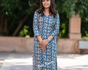 Teal Blue Cotton Kurti Pant Set: Printed Indian Dress