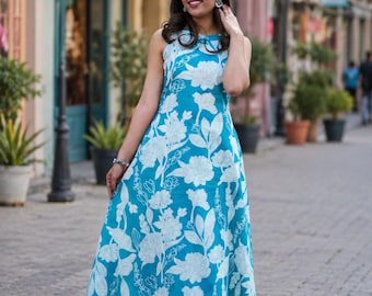 Blue Floral Hand Block Print Cotton Kurta Palazzo Set, Ethnic Summer Outfit