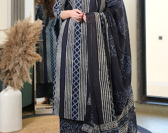 Handmade Cotton Block Print Kurta Pant With Dupatta Set, Party Wear Black Salwar Kameez