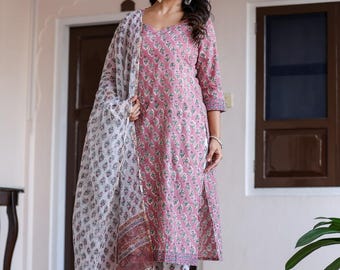 Pink Floral Kurti Set | Hand Block Print Indian Cotton Dress