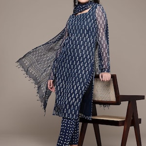 Indigo Print Kurti Pant Dupatta Set: Kota Doriya Ethnic Wear