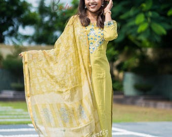 Hand Embroidered Khadi Cotton Kurta Pant Dupatta Set: Plus Size Indian Dress