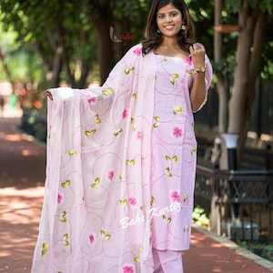 Floral Printed Cotton Kurta Set: Indian Salwar Kameez with Dupatta