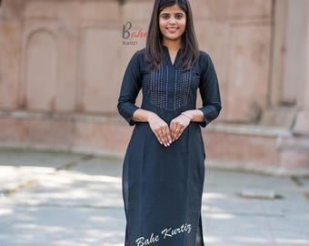 Elegant Black Cotton Silk Kurti Pant Set with Intricate Embroidery"