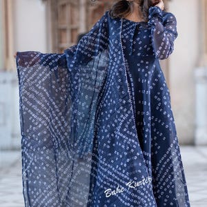 Festival/ Wedding/Party Wear Bandhani Printed Long Anarkali Kurti With Pant And Dupatta Set, Dresses For Women, Anarkali Kurti Set, Suits