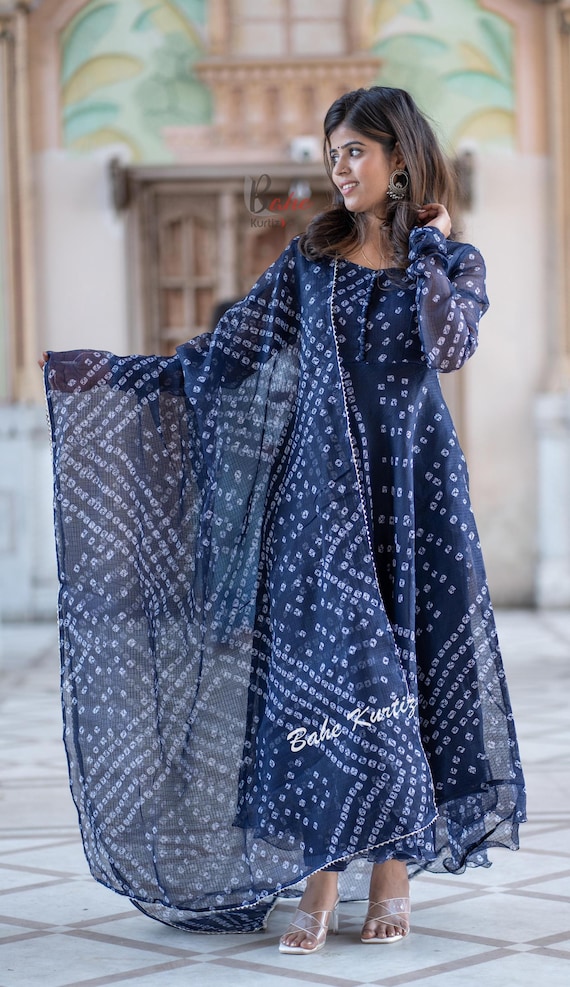 Navy Blue Kato Doriya Cotton Kurti Set | Handcrafted Bandhani Print Anarkali Dress with Dupatta | Ethnic Indian Party Wear Outfit|Plus Wear