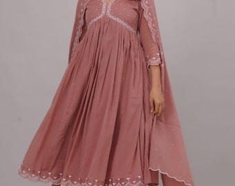 Embroidered Cotton Anarkali Kurta Set: Festival Party Dress