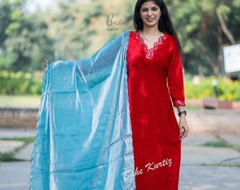 Velvet Kurta Pant Dupatta Set: Zari Embroidered Salwar Kameez