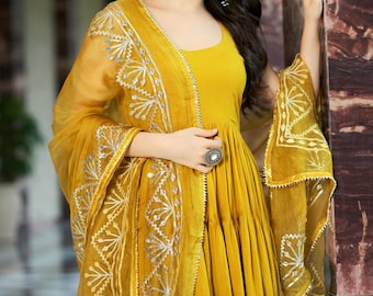 Embroidered Cotton Kurta With Dupatta Set, Indian Ethnic Wedding Wear