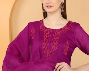 Hand Embroidered Kota Doriya Kurti Pant Dupatta Set: Party Wear Salwar Kameez