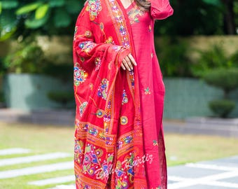 Hand Embroidered Cotton Kurti Pant Dupatta Set, Ethnic Wear