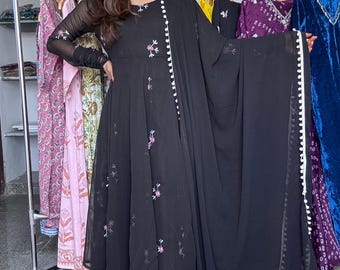 Embroidered Black Georgette Anarkali Kurti with Pant and Dupatta