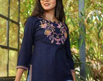 Hand Embroidered Cotton Tunic Top: Navy Blue Indian Ethnic Kurta For Women
