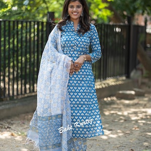 Festival Wear Pure Cotton Hand Block Printed Kurti With Pant And Dupatta Set, Salwar Kameez, Kurti Pant Set, Cotton Kurti , Dress For Women