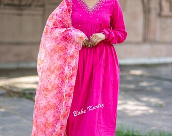 Embroidered Cotton Anarkali Kurti Set | Floral Dupatta, Indian Outfit