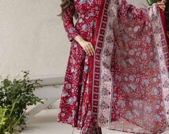 Hand Embroidered Anarkali Kurta Pant With Dupatta Set,Indian Ethnic Party Wear Dress