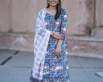 Floral Hand Block Printed Kurta Pant Dupatta Set, Ethnic Party Wear Salwar Kameez,