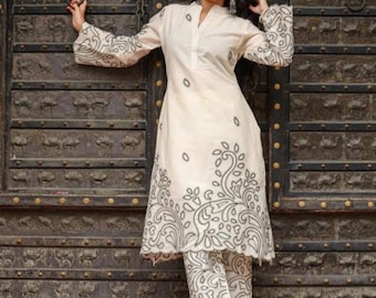 Embroidered Cotton Kurta Palazzo Set: Bell Sleeve Indian Outfit