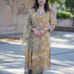 Hand Block Print Cotton Kurti Set, Kota Doriya Dupatta image 2