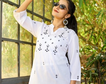 Tunic size embroidered pure cotton tops top for women and girls, indo western wear short kurta, Indian cotton summer top blouse, plus size
