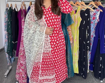 Floral Print Cotton Salwar Kameez Dupatta Set, Indian Ethnic Suit
