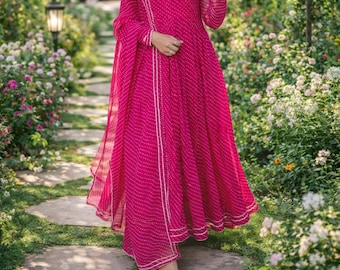 pink chiffon anarkali dress for women,elegant indian ethnic wear,party and wedding outfit