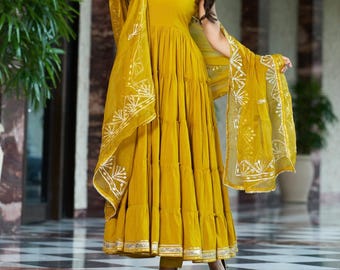 Yellow Embroidered Anarkali Kurti Pant Dupatta Set, Organic Cotton Indian Dress
