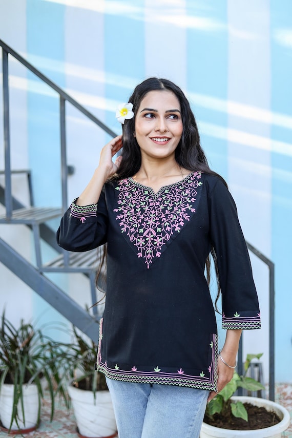 Black Embroidered Cotton Kurta Blouse for Women - Traditional