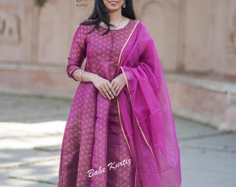 Pink Banarasi Brocade Silk Anarkali Kurta with Pant and Dupatta Set
