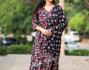 Hand Block Print Cotton Anarkali Kurti Pant Dupatta Set | Indian Suit