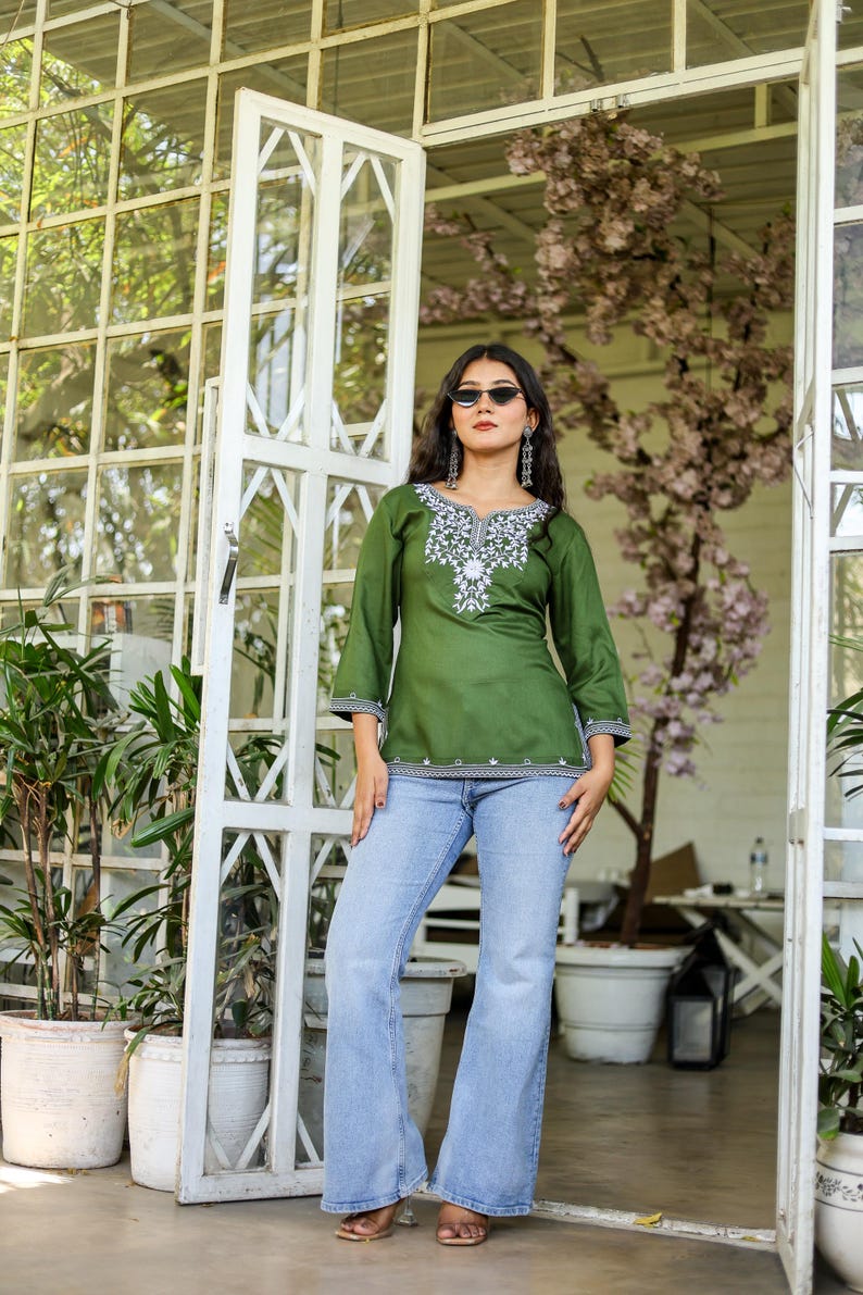Green Embroidered Cotton Kurti Blouse for Women,Traditional Indian Tunic Top with Intricate Embroidery Top image 3