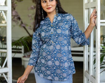 Hand Block Printed Cotton Tunic Top: Boho Floral Indian Blouse