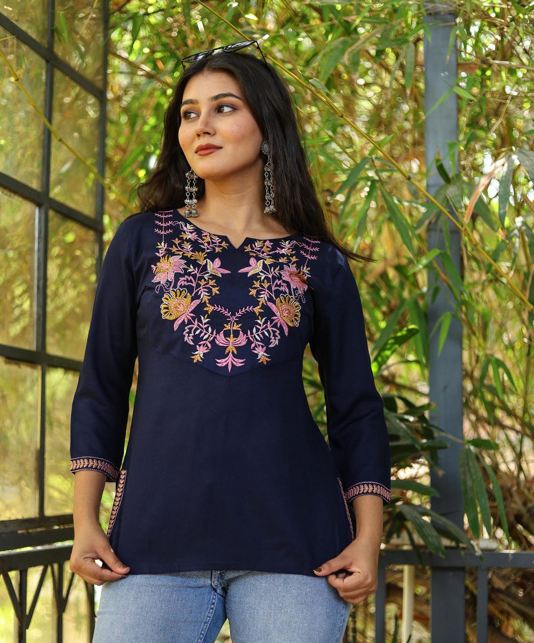Ekisha's women blue embroidered designer cotton tunic top short kurti