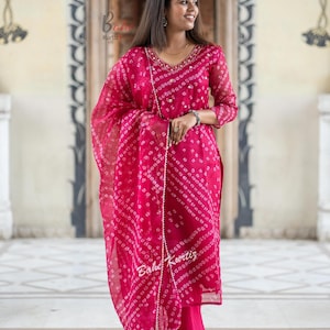 Bandhani Print Salwar Suit Set: Kota Doriya Kurti, Pant & Dupatta