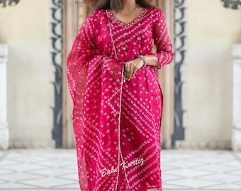 Bandhani Print Salwar Suit Set: Kota Doriya Kurti, Pant & Dupatta