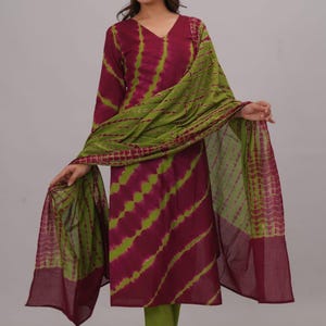 Plus Size Hand Block Printed Kurta Pant Dupatta Set: Maroon Cotton Salwar Kameez