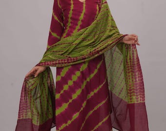 Plus Size Hand Block Printed Kurta Pant Dupatta Set: Maroon Cotton Salwar Kameez