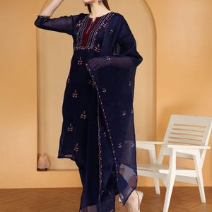 Blue Embroidered Kota Doriya Kurti Pant Dupatta Set