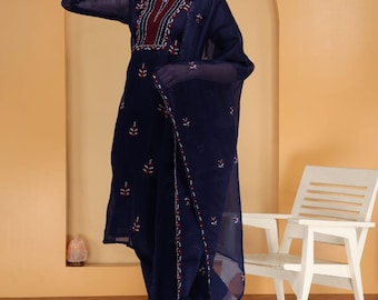 Blue Embroidered Kota Doriya Kurti Pant Dupatta Set