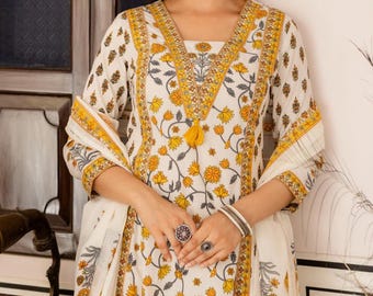 Mustard Floral Cotton Printed Kurta Pant with Dupatta Suit Set,Indian Ethnic Dress